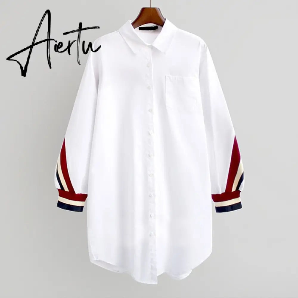White Loose Button Up Stripe Bandage Shirts Women Blouses Turn-Down Collar Woven Long Sleeve Plus Size Ladies Tops Aiertu