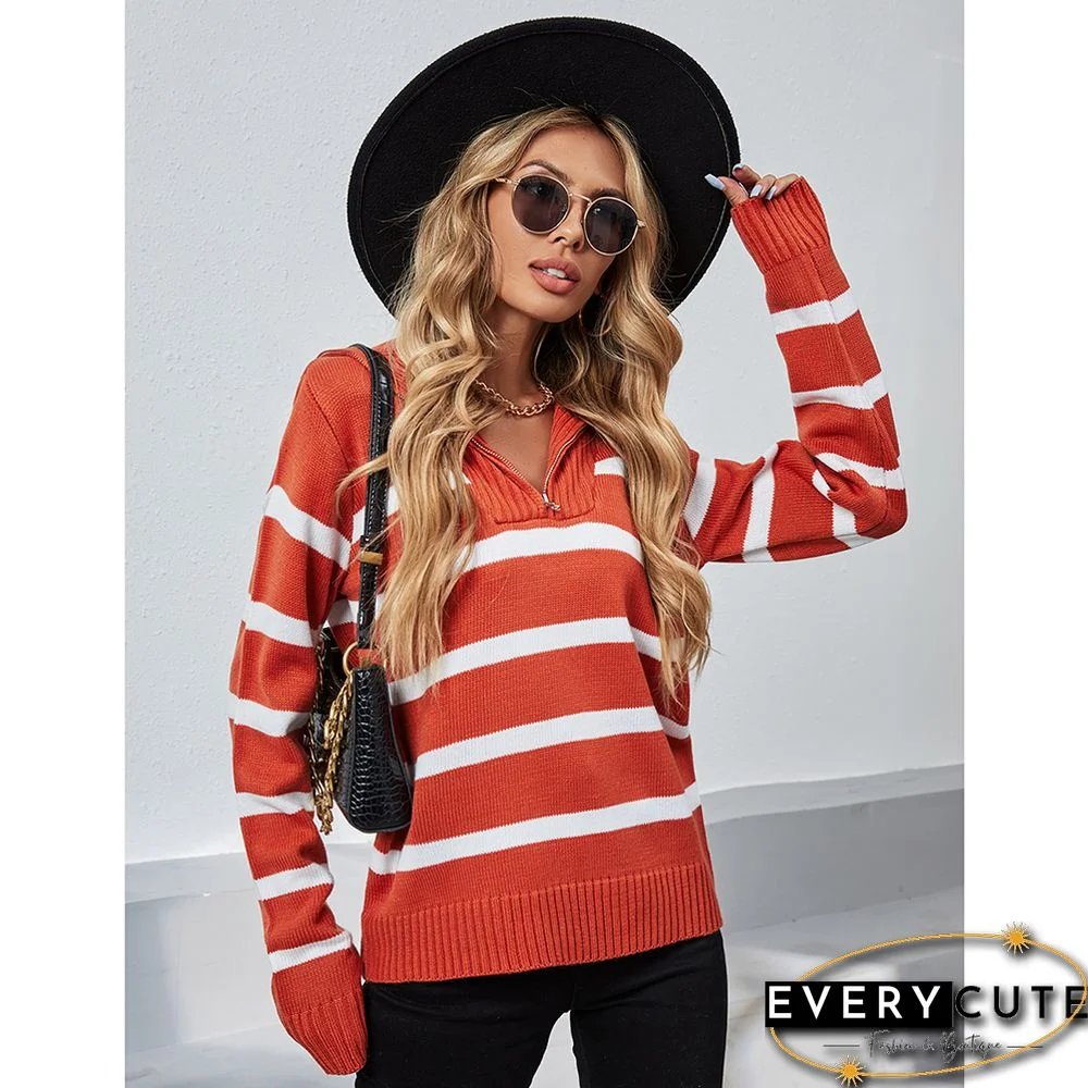 Rust Red Zip-up Stripe Print Knit Pullover Sweater