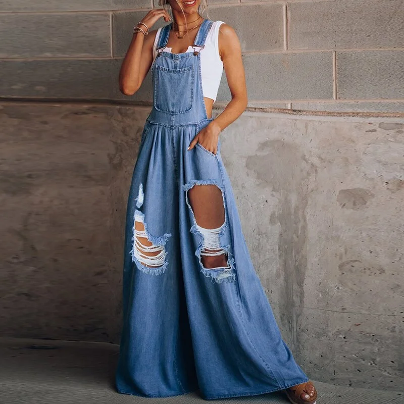 Back to School  Denim Jumpsuits Daily Casual Sleeveless Solid Overalls 2022 Fashion Design Ripped Jean Romper Summer New Women Loose Side Pocket mh0701