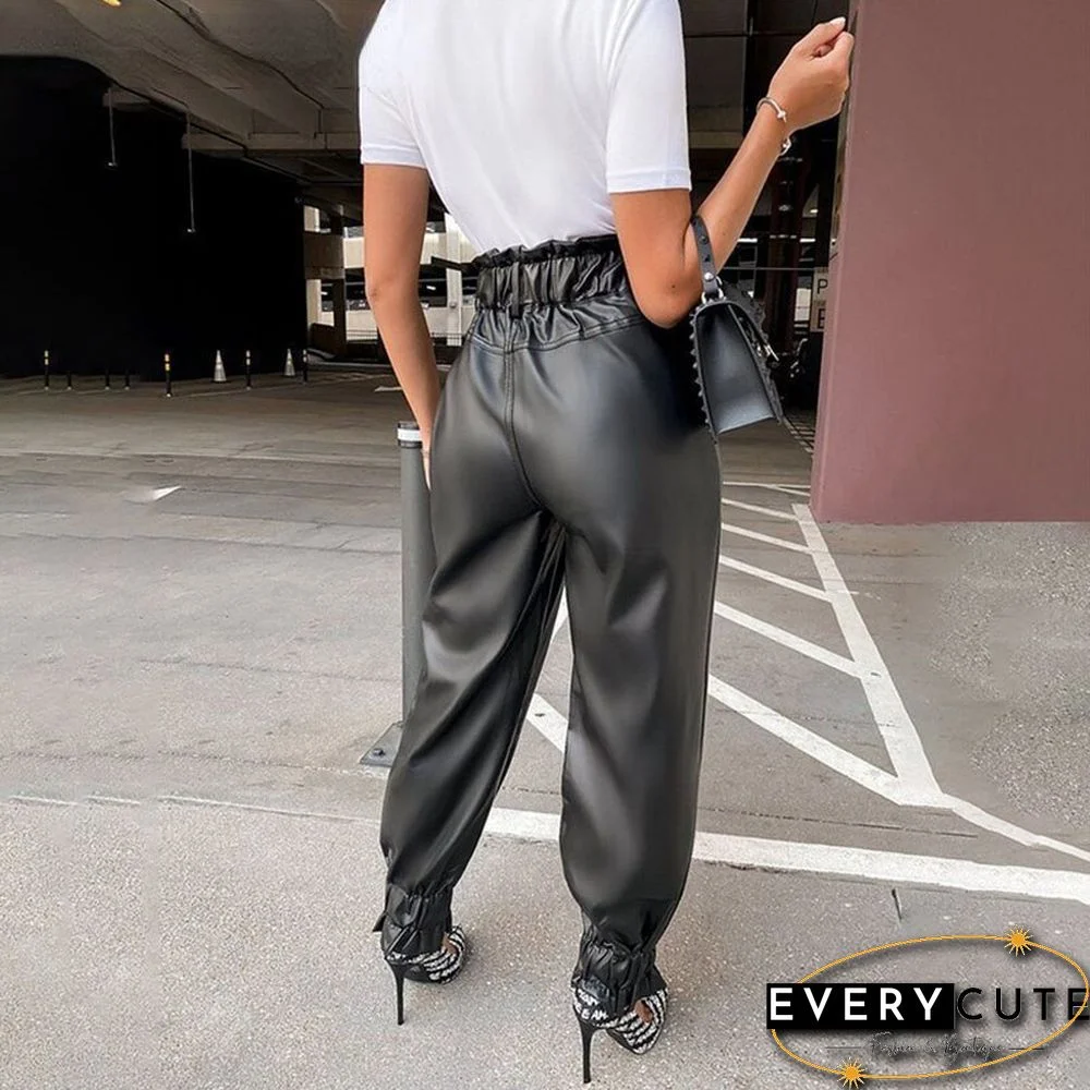 Ladies Chic High Waist PU Leather Pants Casual OL Pants