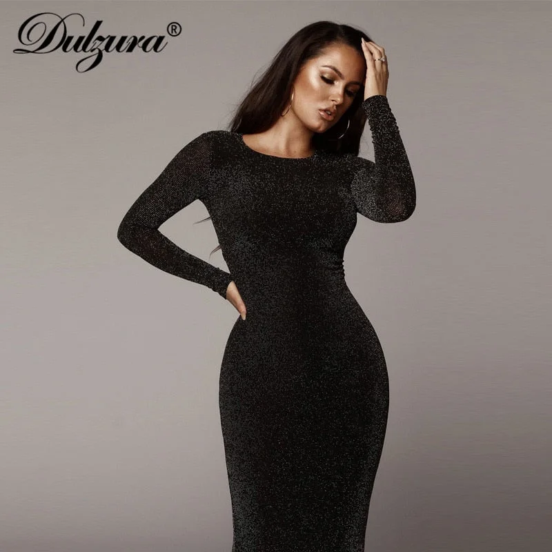 Dulzura glitter sparkle bling long sleeve dress sexy party 2019 autumn winter elegant bodycon christmas sequins club office