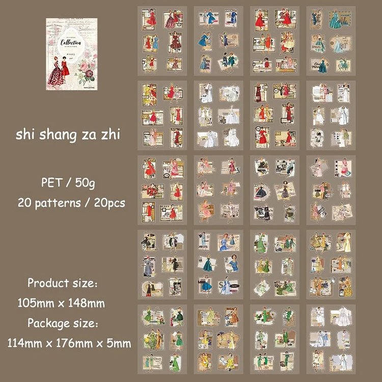Journalsay 20 Sheets Vintage Character Flower PET Material Sticker Book
