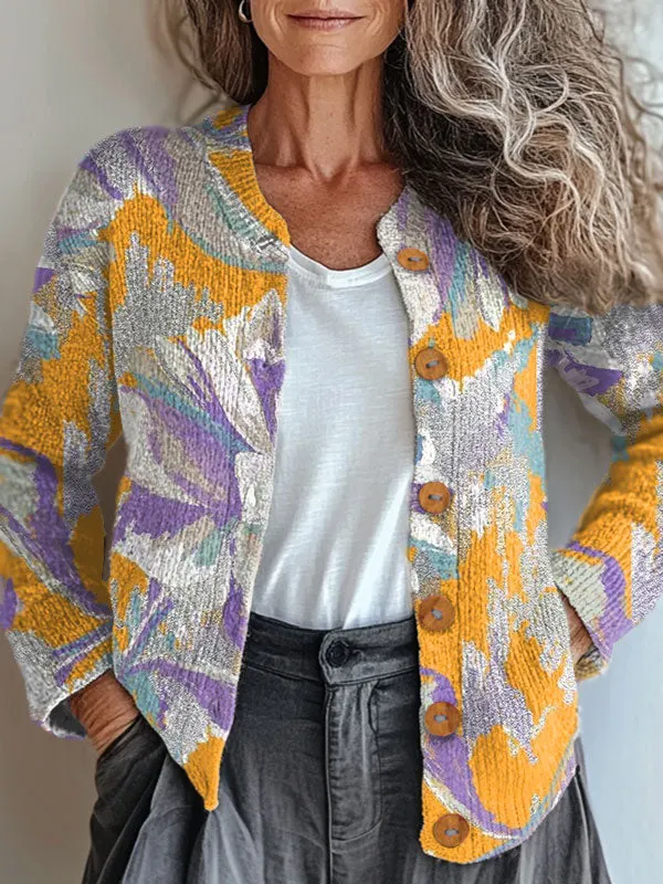 Vintage Flower Art Print Buttoned Cardigan Sweater