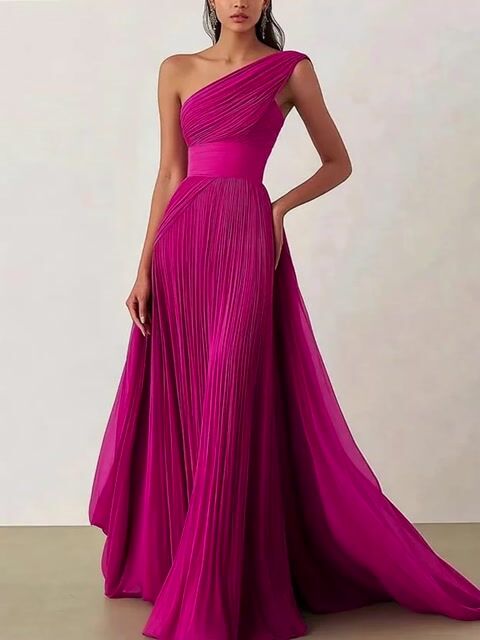 One Shoulder Solid Color Maxi Dress