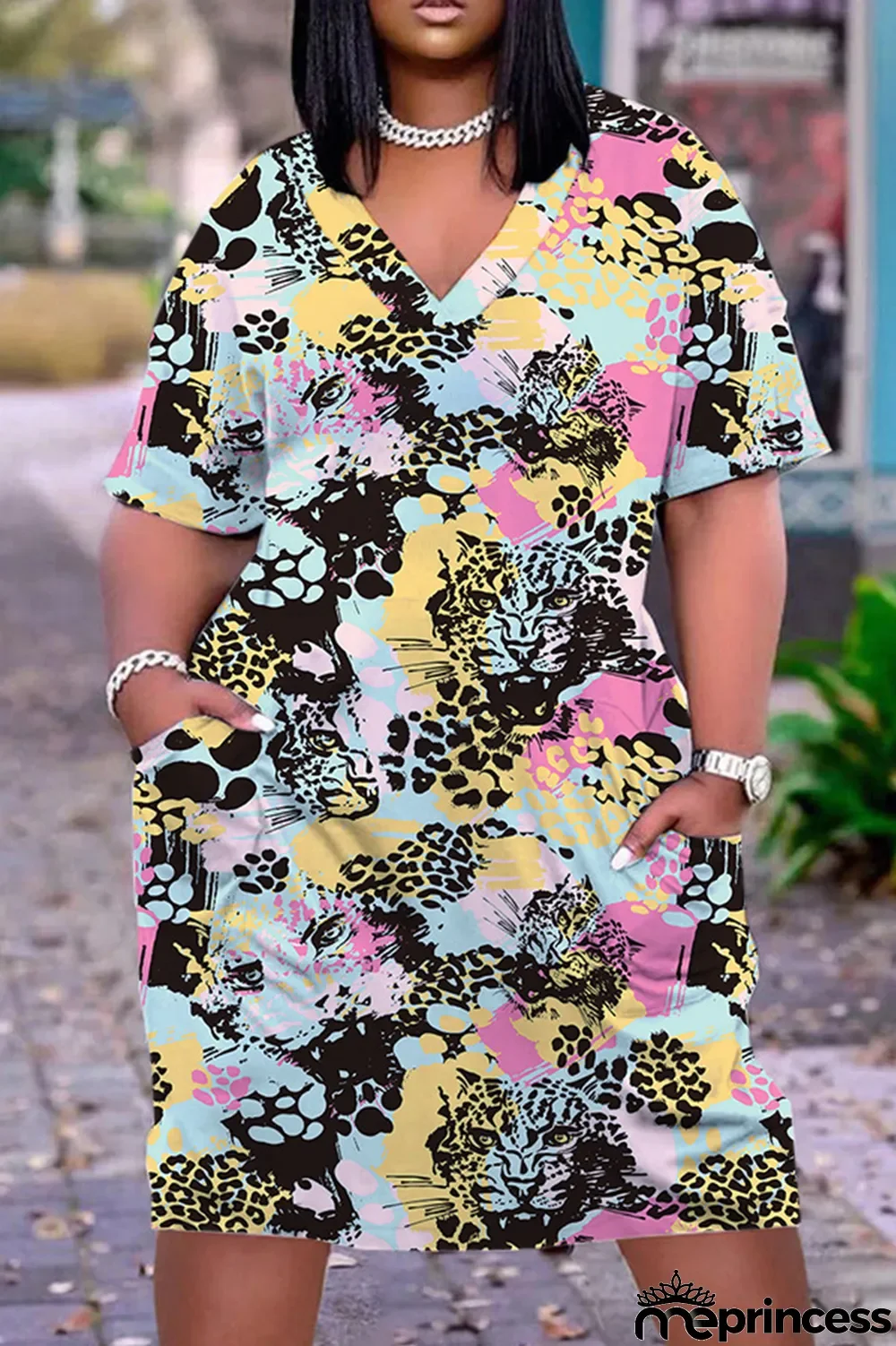 Orange Red Casual Print Patchwork Basic V Neck Short Sleeve Dress