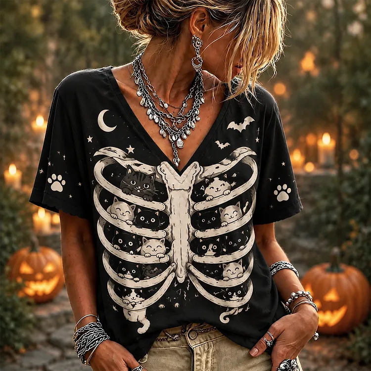 Women's Gothic Black Ribcage With Cute Peeping Cats And Moon Short Sleeve T-shirt