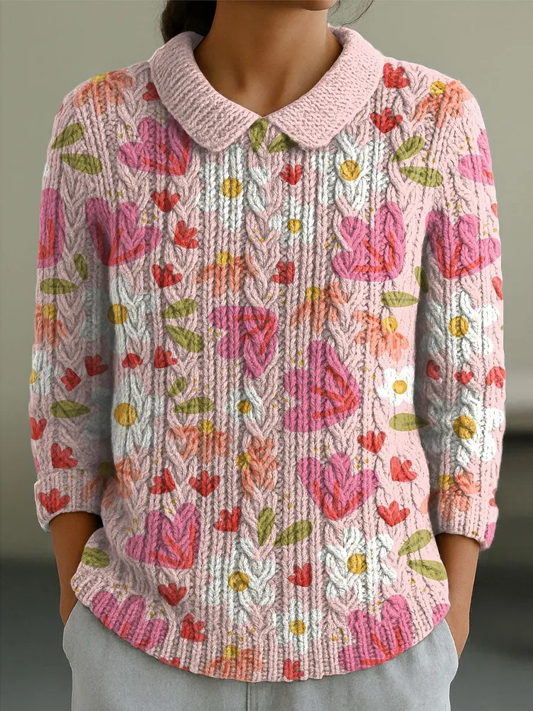 Women's Vintage Floral Pink Flowers Art Print Casual Peter Pan Collar 3/4 Sleeve Sweater