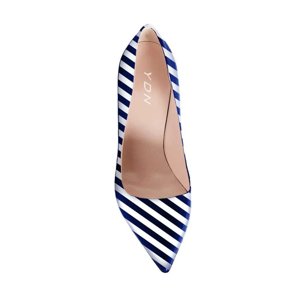 Blue & White Patent Leather Stripes Pointed Toe Pumps Heels