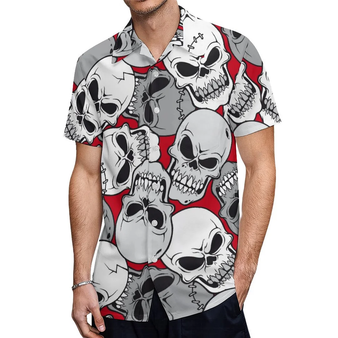 Short Sleeve Cool Red And Gray Skeleton Skull Hawaiian Shirt Mens Button Down Plus Size Tropical Hawaii Beach Shirts