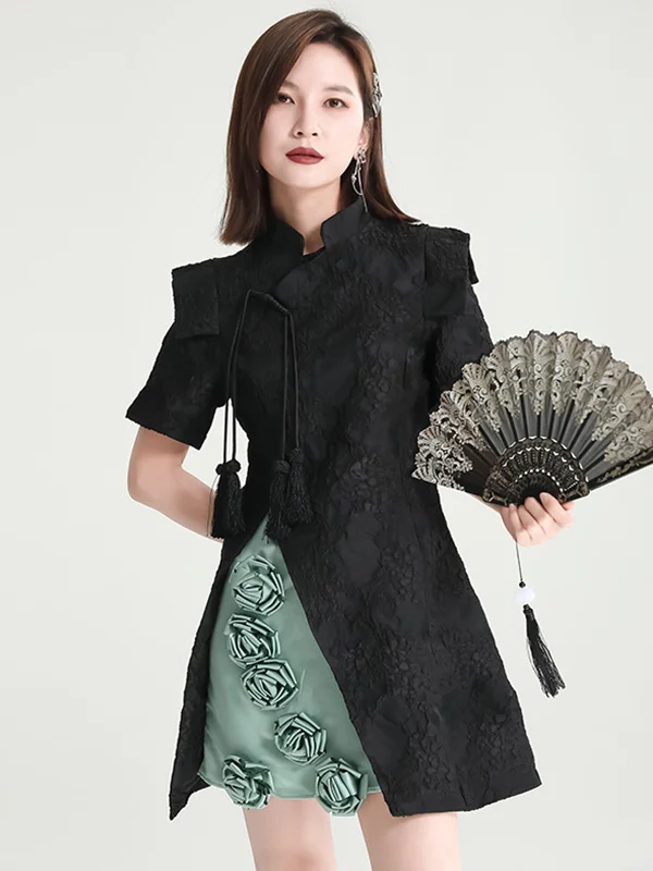 Vintage Contrast Color Applique Embroidered Short Cheongsams Mini Dress