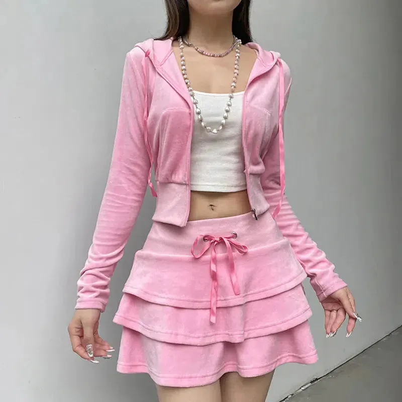 Brownm Aesthetic Skirt & Hoodie Two Piece Set