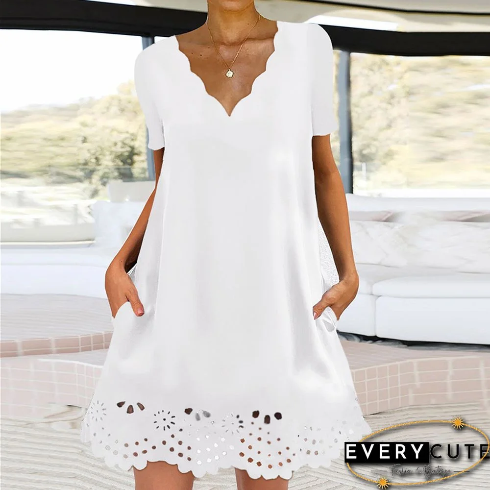 Women Vintage Solid Color Wave V-Neck Dress Casual Simple Loose Hollow Out Pattern Mini Dress Female Pullover Pocket Dress Mujer