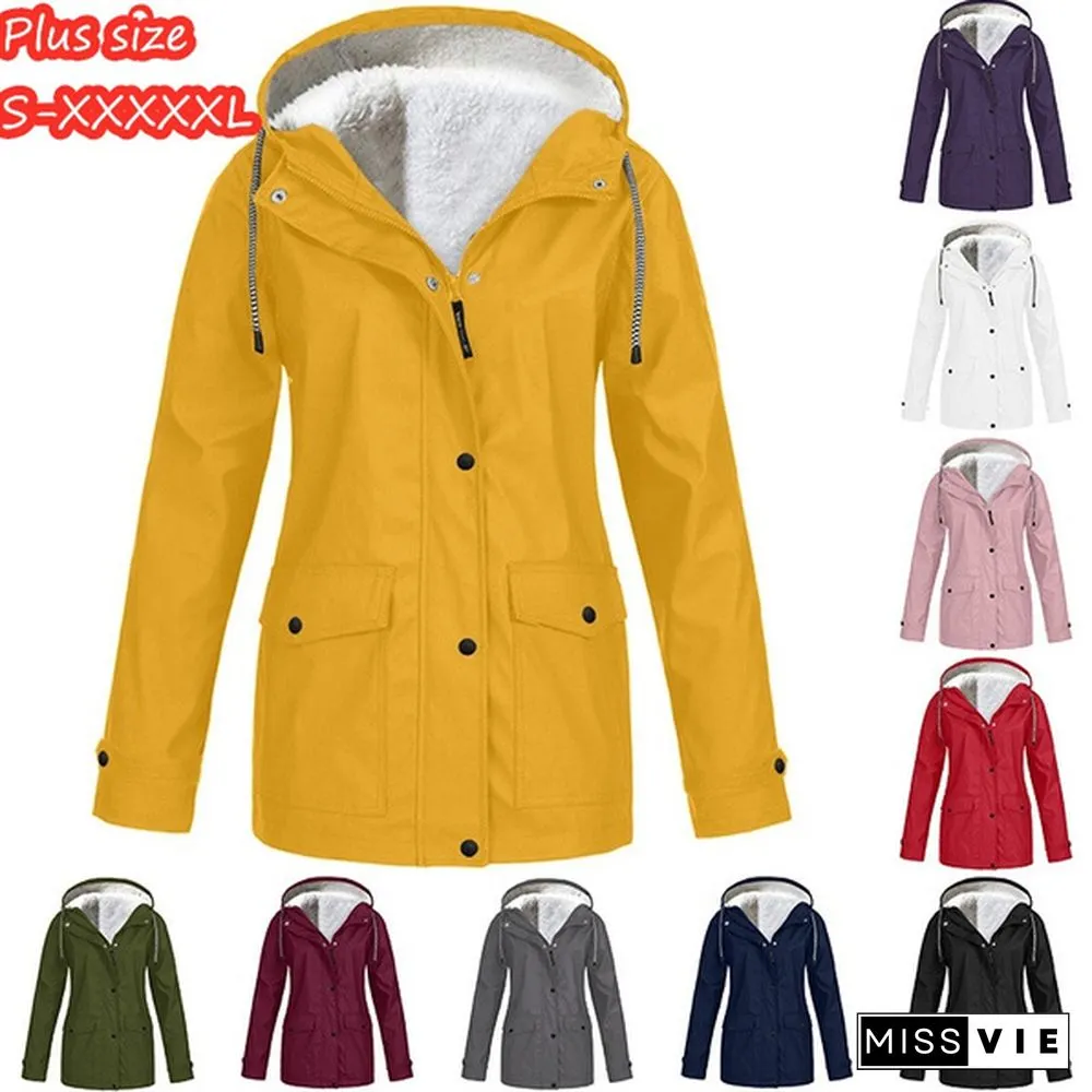 Womens Fashion All Seasons Outdoor Waterproof Rain Jacket Casual Loose Plus Size Hooded