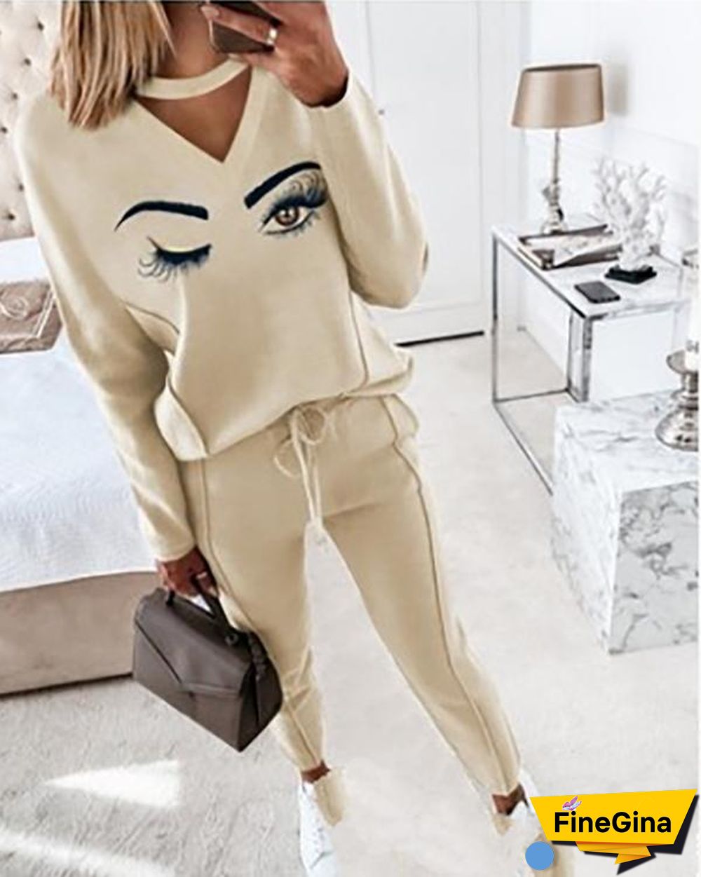 New Contrast Plaid Top & Drawstring Pants Set