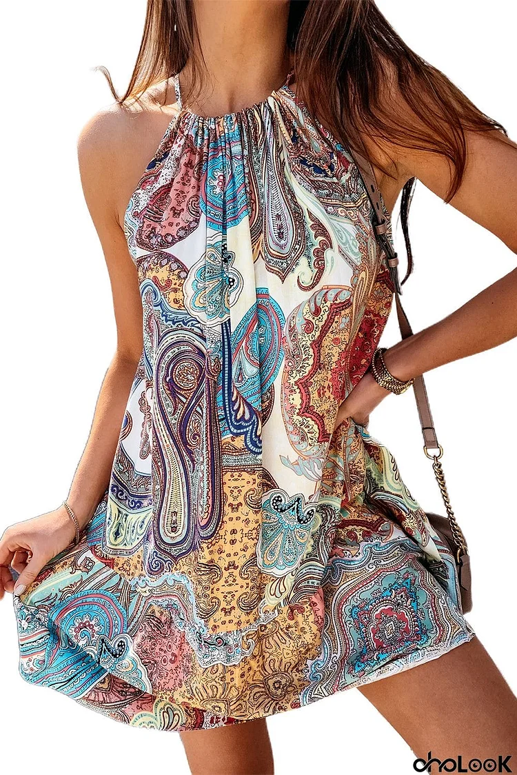 Halter Bohemian Print Sleeveless Shift Mini Dress