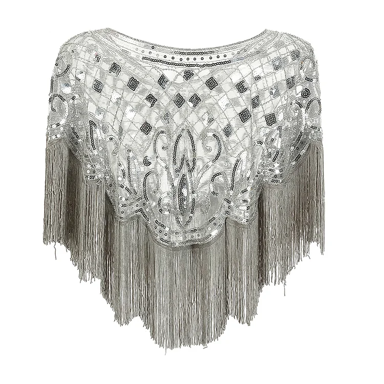Beauty-Emily Women Shawl Shiny Sequins Hollow Tassels Silver