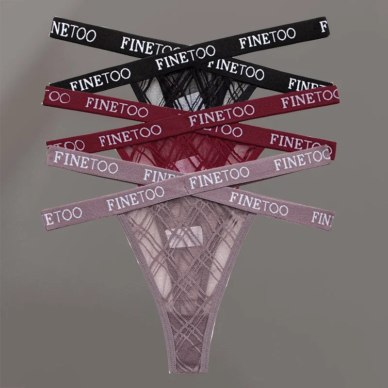 FINETOO 3PCS/Set Women's Letter Lace Mesh G-string Sexy Cross Strap Panties Midi Waist Underwear Thongs Femme Hollow Out Panties