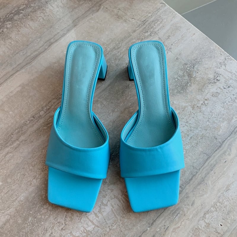 SUOJIALUN 2022 Summer New Women Slipper Fashion Candy Color Ladies Outdoor Beach Slides Square Med Heel Peep Toe Sandal Shoes