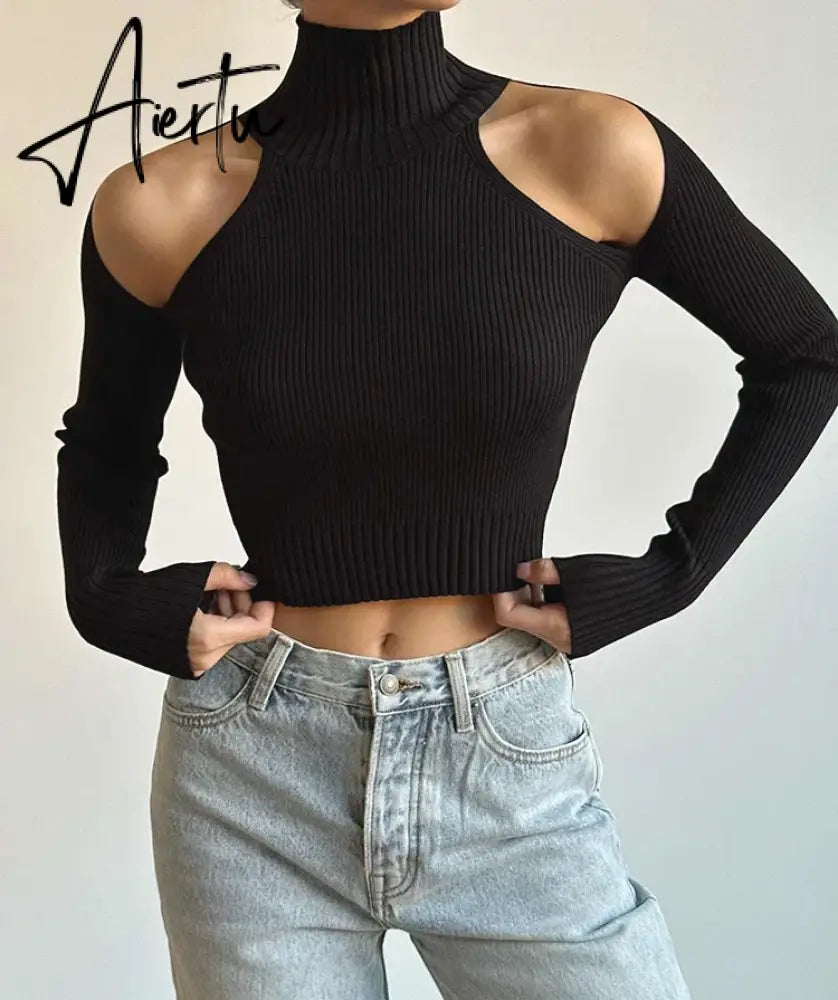 Fashion Ribbed Knit Cut Out Tops Elegant Long Sleeve Sexy Slim Turtleneck Autumn Tops Tees Pullovers Streetwear Aiertu