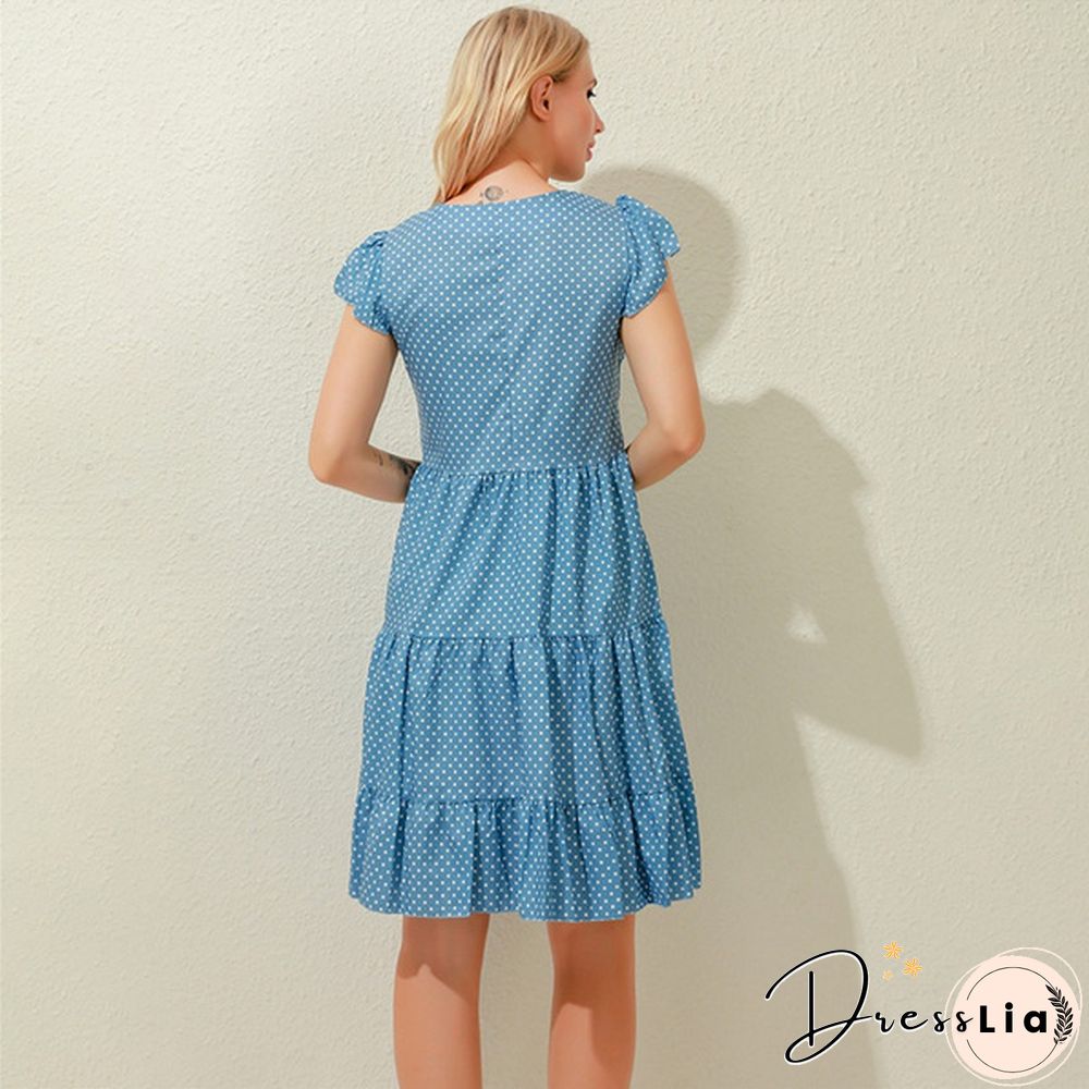 Summer Sundress Women Ruffles Sleeves V-Neck Dot Boho Vest Multi-Layer Connection Hem