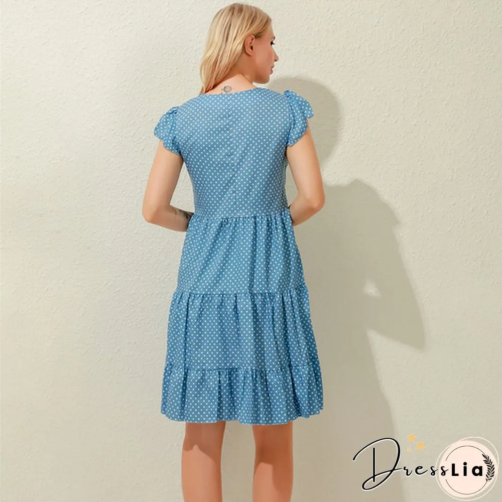 Summer Sundress Women Ruffles Sleeves V-Neck Dot Boho Vest Multi-Layer Connection Hem