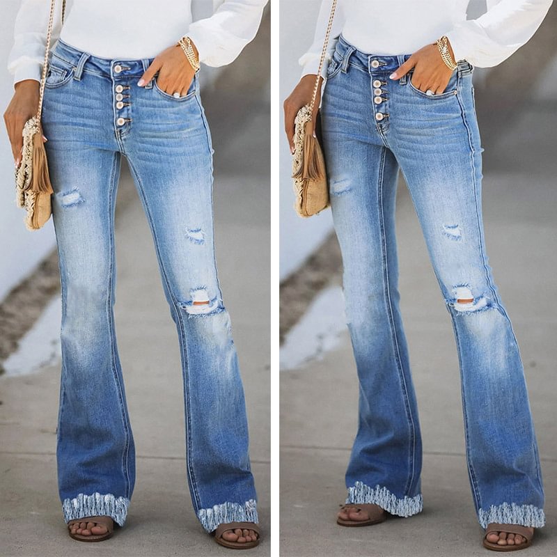 Slightly Flared Jeans Tassel Straight Ripped Female Hipster