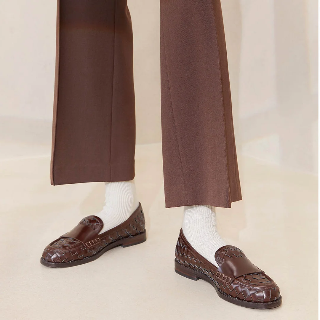 Dark Brown Vegan Leather Round Toe Woven Flat Comfy Loafers for Women