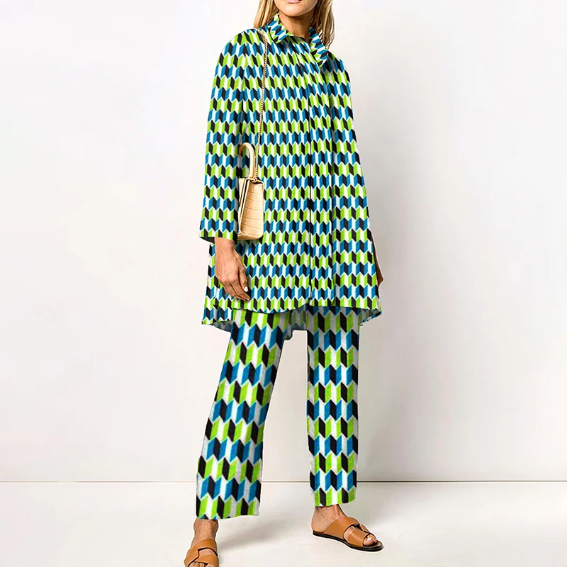 Contrast Argyle Print Long-Sleeve Two-Piece Set