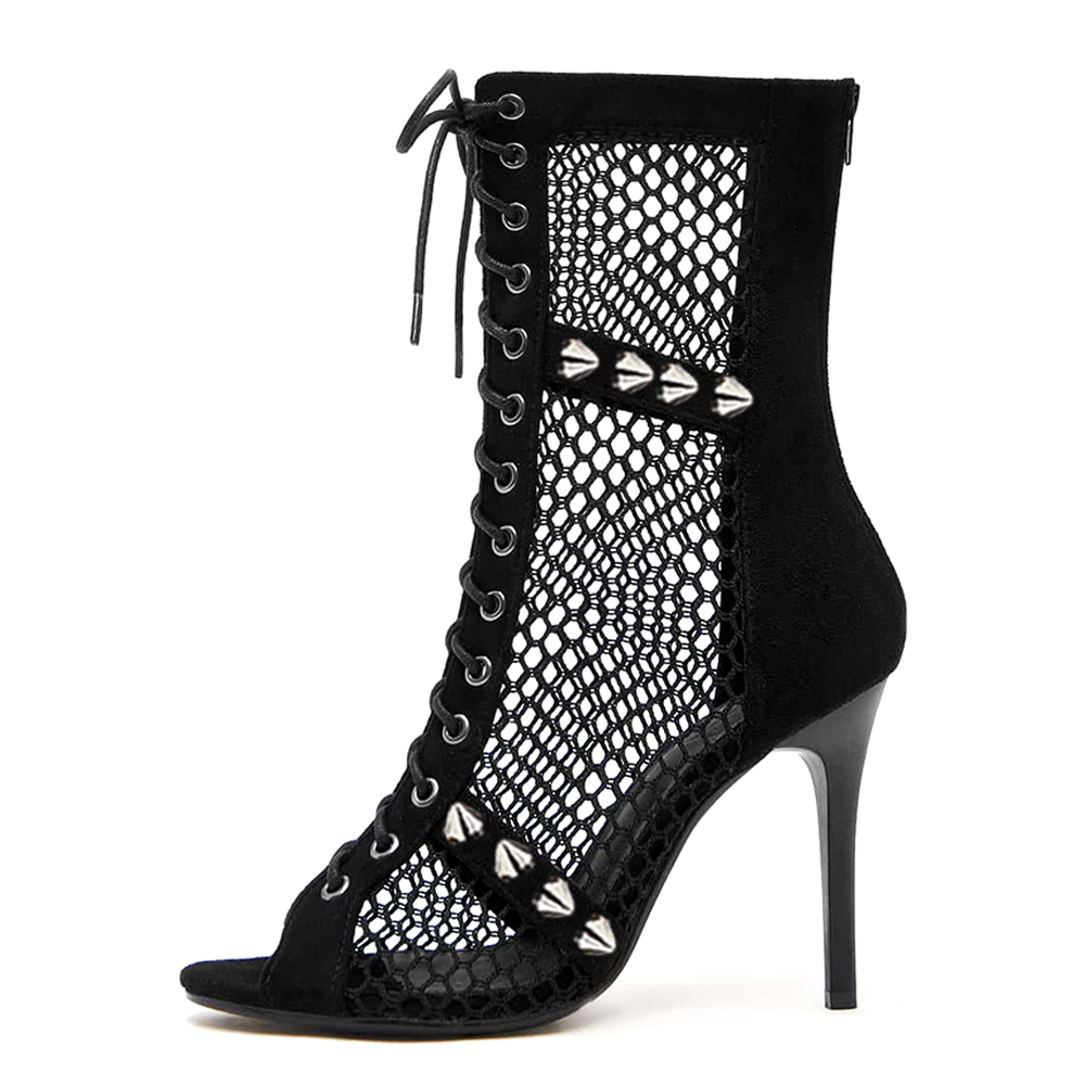 Women's Black Peep Toe Stiletto Heel Lace Up Summer Boots with Rivets Nicepairs