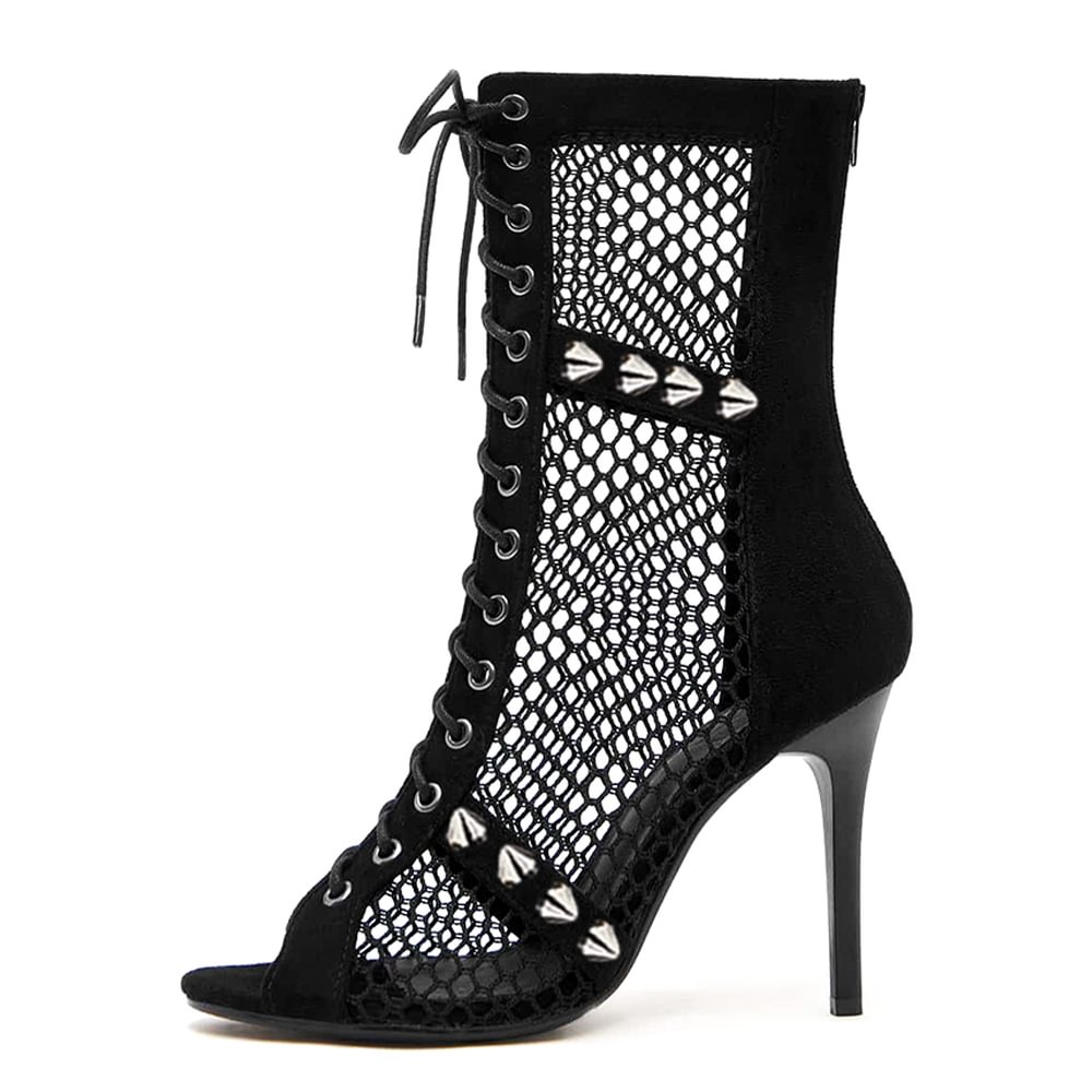 Black Hollow Out Lace Up Summer Boots Open Toe Stiletto Heel Ankle Boots Nicepairs