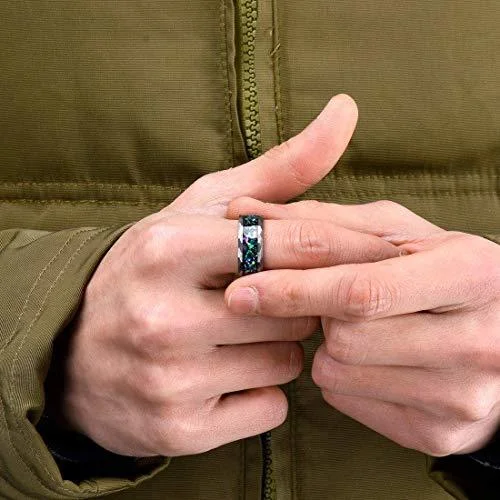 6MM 8MM Women's Or Men's Tungsten Carbide Wedding Matching Rings Diamond Faceted Silver and Multiple Color Rainbow Opal Inlay with Organic Tones