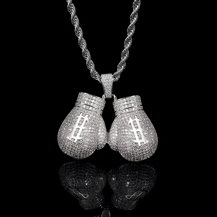Hip Hop Iced Out Bling Dollar Boxing Sport Gloves Dollar Pendant Necklace-VESSFUL