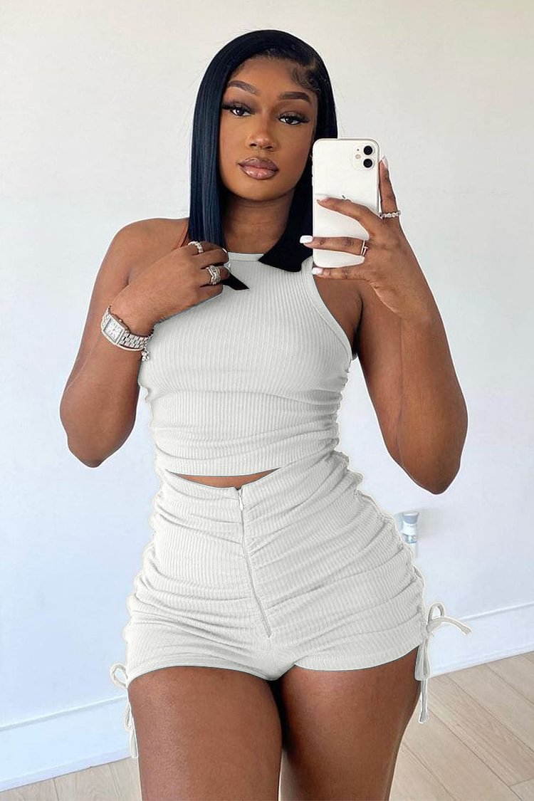 Two Piece Tank Top Pleated Drawstring Shorts Set