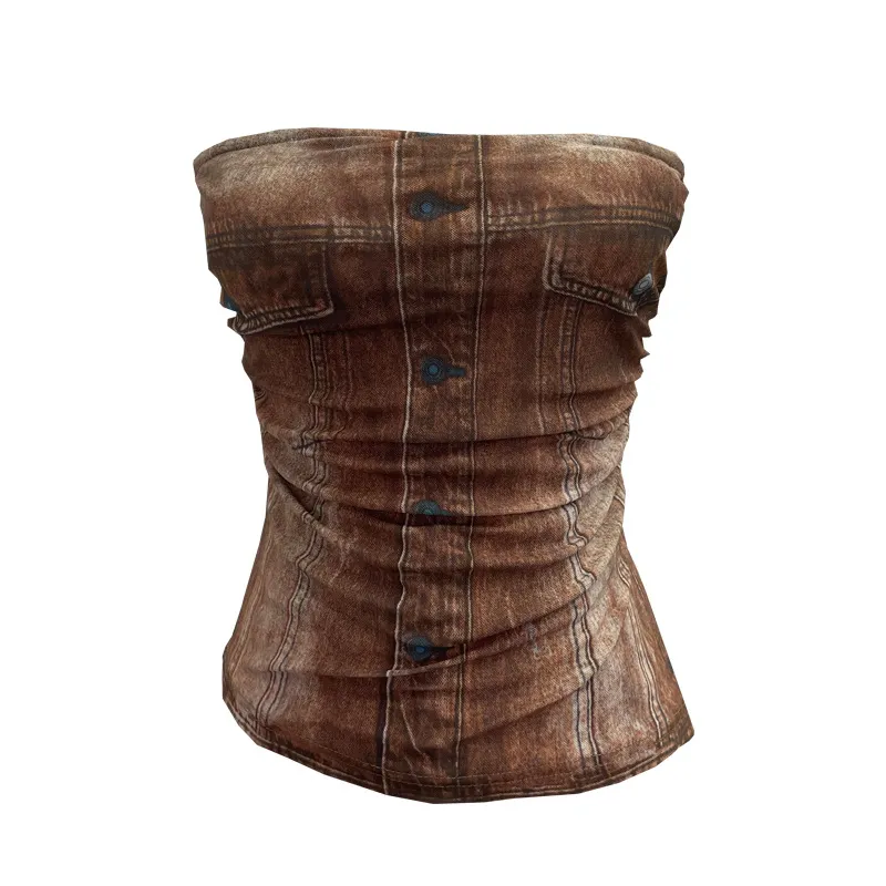 Nigikala Nigikala Shooting Denimed Tie-Dye Printing Mesh Yarn Tectar Tset With Chest Cushion Anti-Slip Vest Short Top 1255