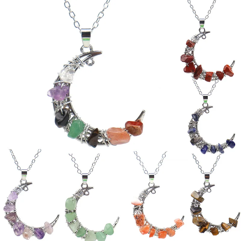 Colorful Beaded Gravel Crystal Amethyst Moon Necklace
