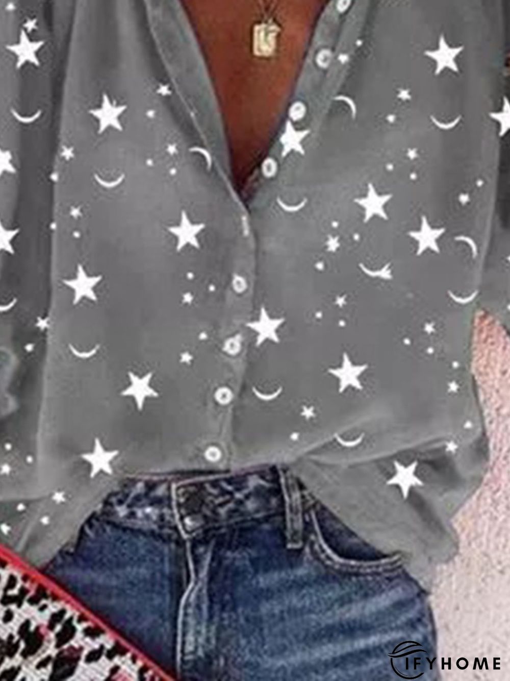 Gray Star&Moon Printed Stand Collar Half Sleeve Casual Shift Top | IFYHOME