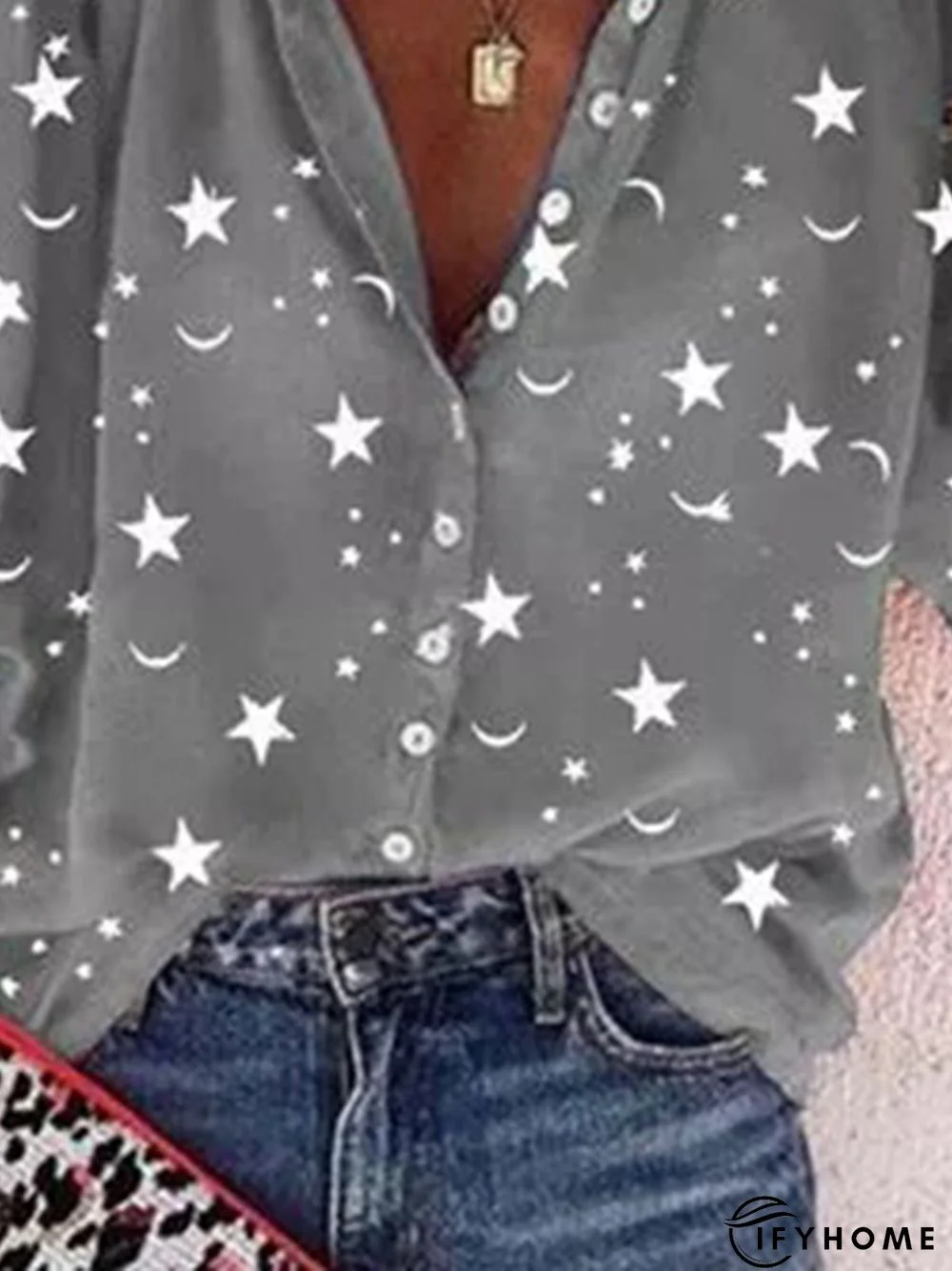 Gray Star&Moon Printed Stand Collar Half Sleeve Casual Shift Top | IFYHOME