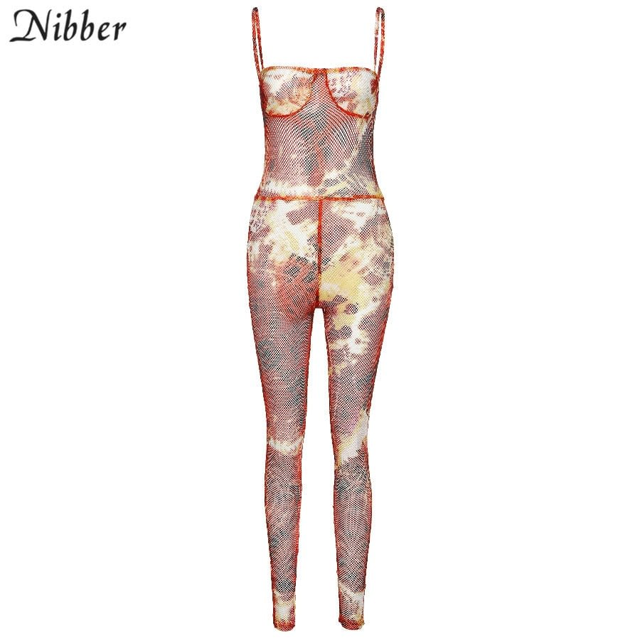 Nibber Sexy Hollow Hole Mesh Sling Playsuits For Women Club Party Wear 2020 Graphic Printing See Through Low Cut Jumpsuit Female