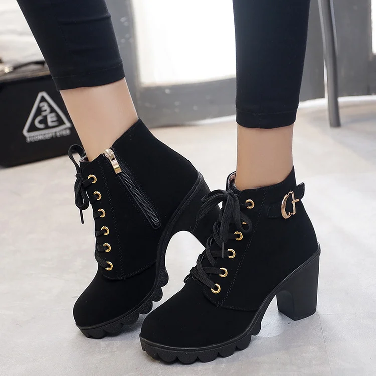 Yyvonne New High Heel Thick Heel Casual Women's Boots Platform Ankle Boots Round Head Side Zipper Lace Ankle Boots