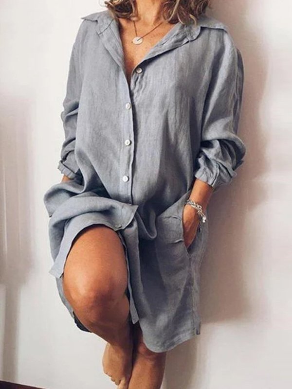 Buttoned Casual Linen Shirt Dress With Pockets