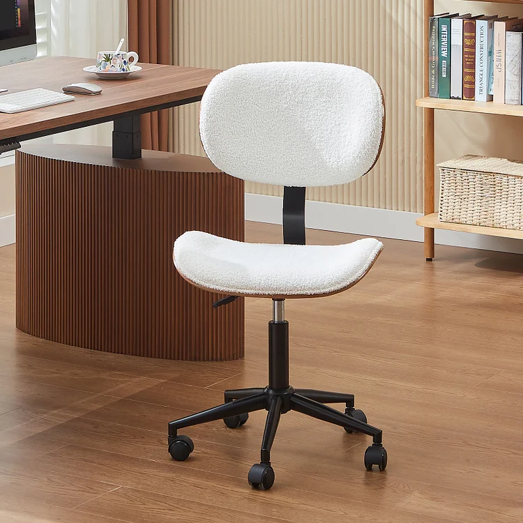 Bestier Bentwood Ergonomic Armless Office Desk Chair with Wheels, Comfy Computer Chair with Lumbar Support, Teddy Mid Back Adjustable Height 360&deg; Rolling Swivel Task Chair No Arm for Home, Off White