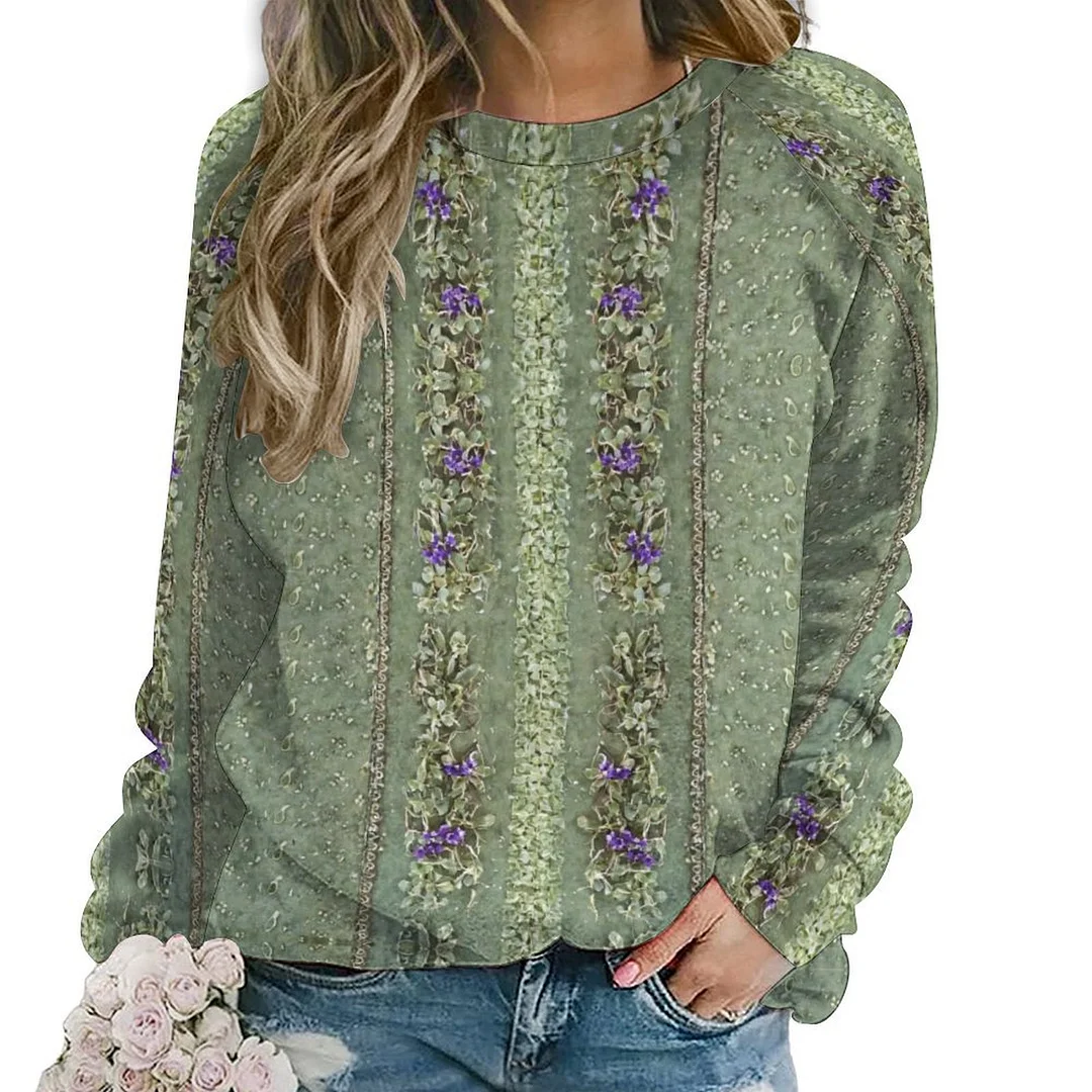Printed Long Sleeve Casual Sweatshirt for  Women and Men Unisex Pattern Green, Floral, Vintage