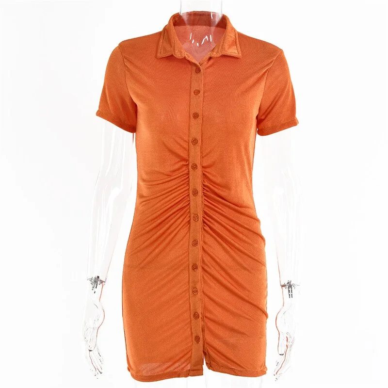 Ruched Dress Women Summer Mini Shirt Dress 2021 Autumn Elegant Bodycon Dress Green Sexy Short Dress Ladies Slim Robe Femme