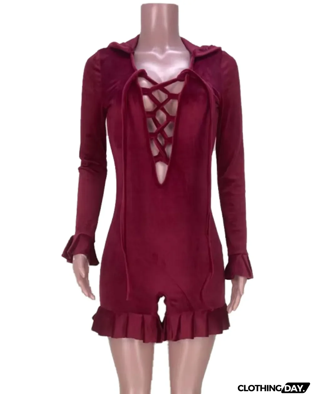 Sexy Red Velvet Plunge Lace-Up Neck Ruffled Long Sleeve Romper