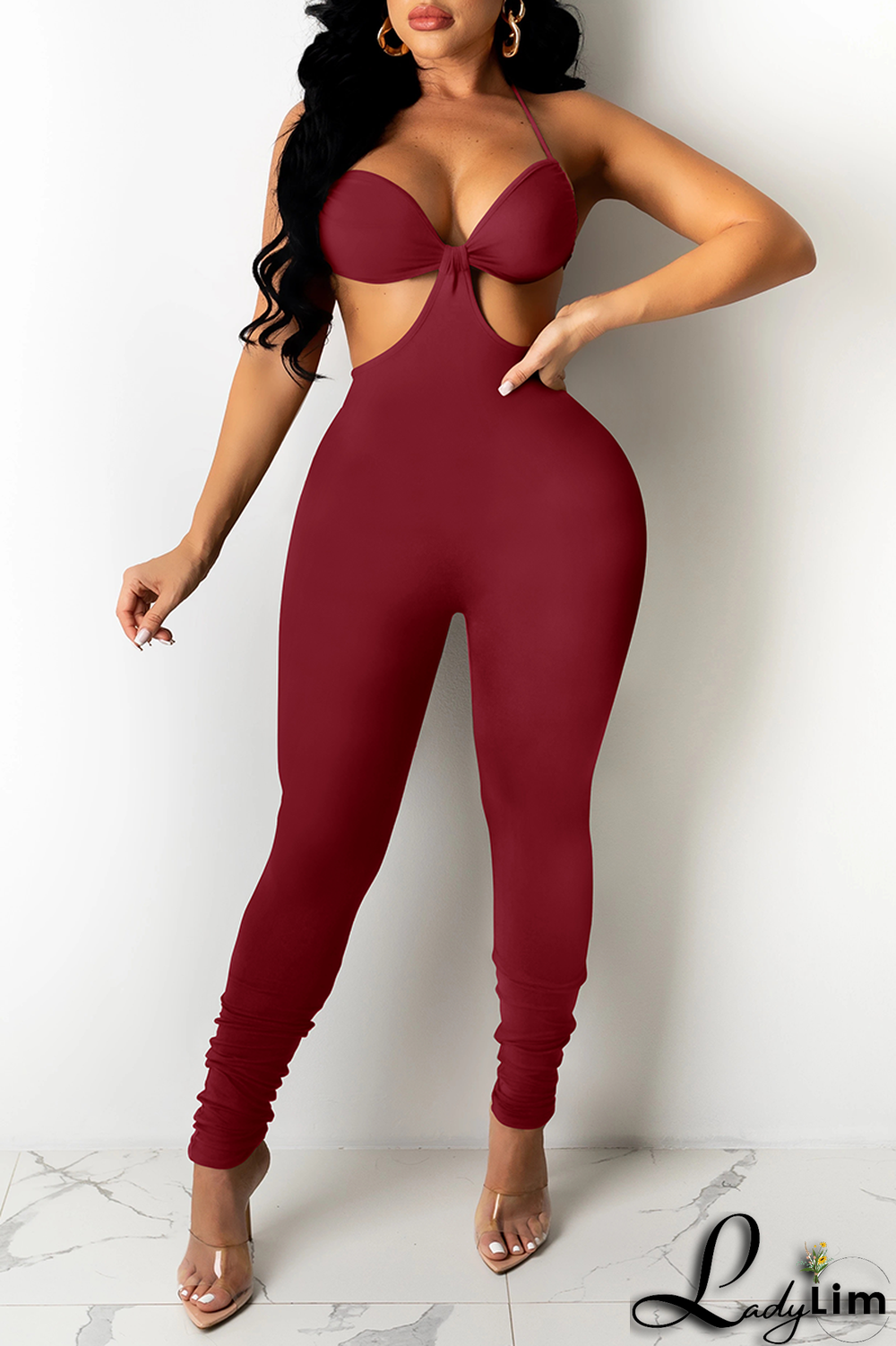 White Sexy Solid Patchwork Halter Skinny Jumpsuits