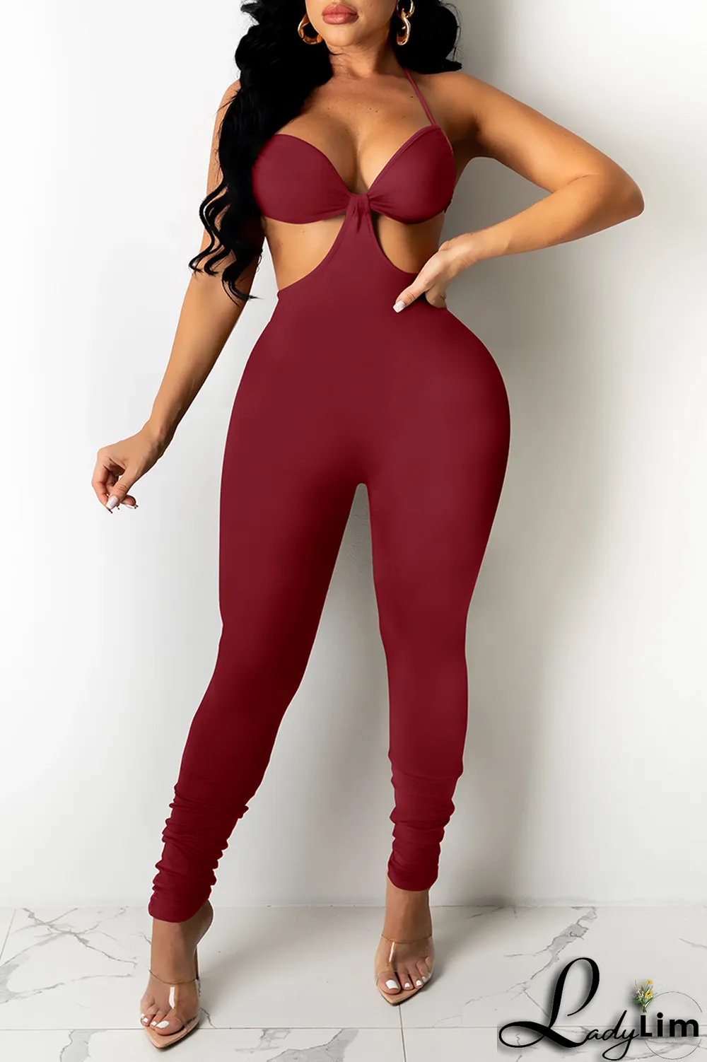White Sexy Solid Patchwork Halter Skinny Jumpsuits