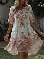 Women's Floral Roses Art Print Flowy Linen Blend Casual Short Sleeve Mini Dress