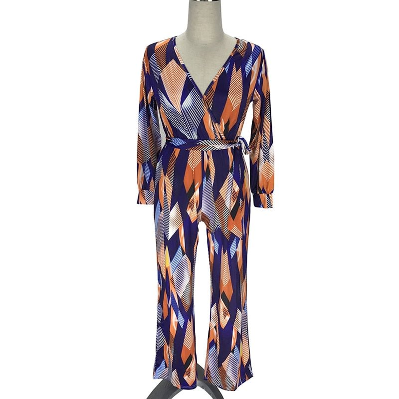 Female Vintage Digital Print Boho Jumpsuit Romper V Neck Long Sleeve Casual Long Sash Autumn Jumpsuit Women Overalls