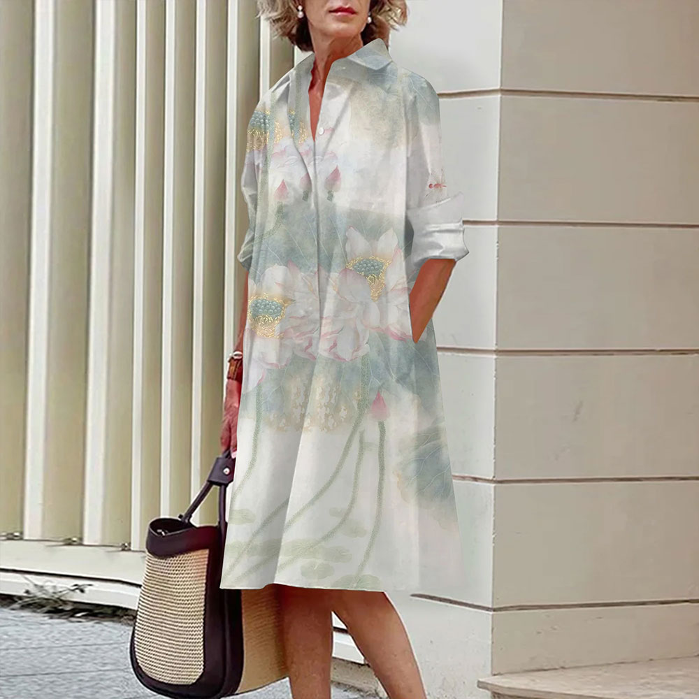 Monroewheels fairy dress short Women Lapel Button Shirt Dresses White & Black Flower Printed Dress Loose A-Line Long Skirts Spring & Summer Casual Beach Party