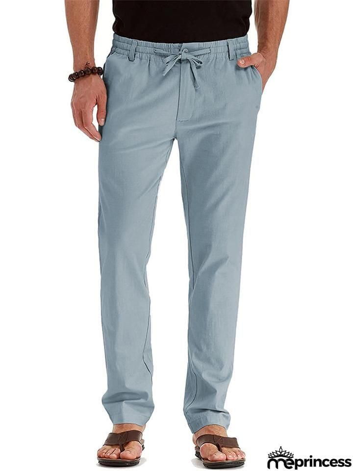 Men's Elastic Drawstring Waistband Casual Straight Cotton Pants